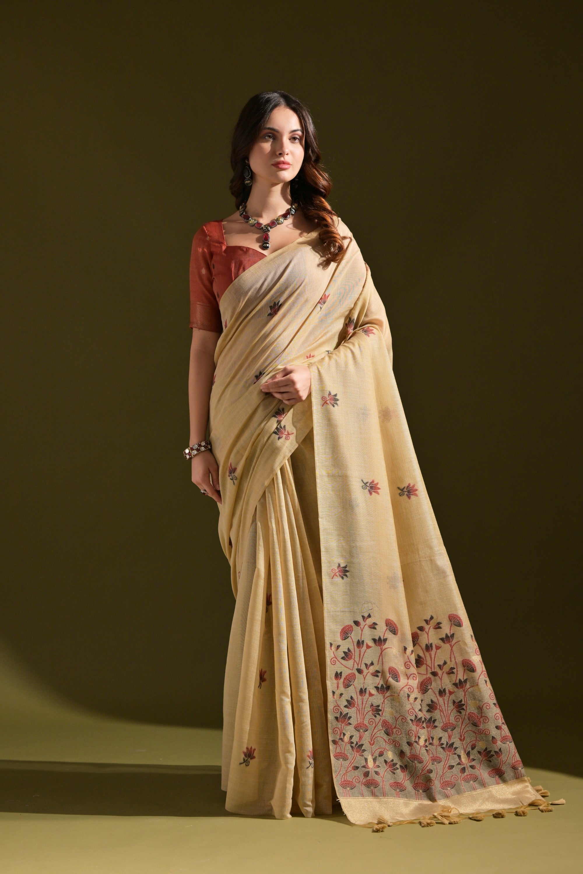 Buy MySilkLove Pancho Cream Meenakari Woven Muga Cotton Saree Online