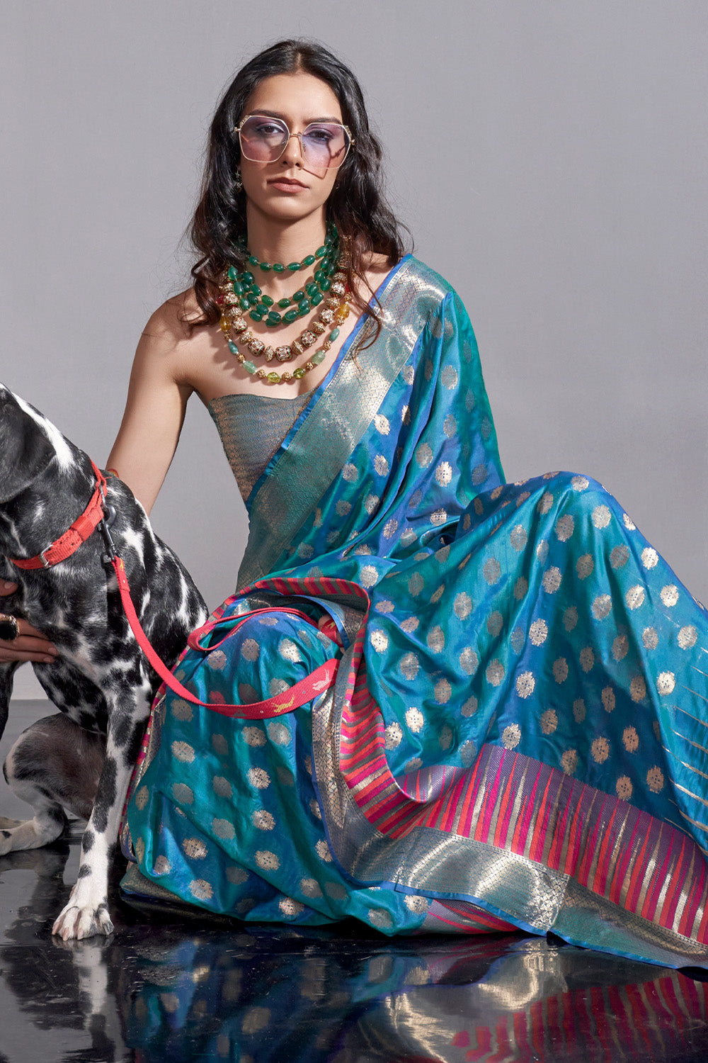 Buy MySilkLove Turquoise Pearl Blue Banarasi Handloom Temple Border Silk Saree Online