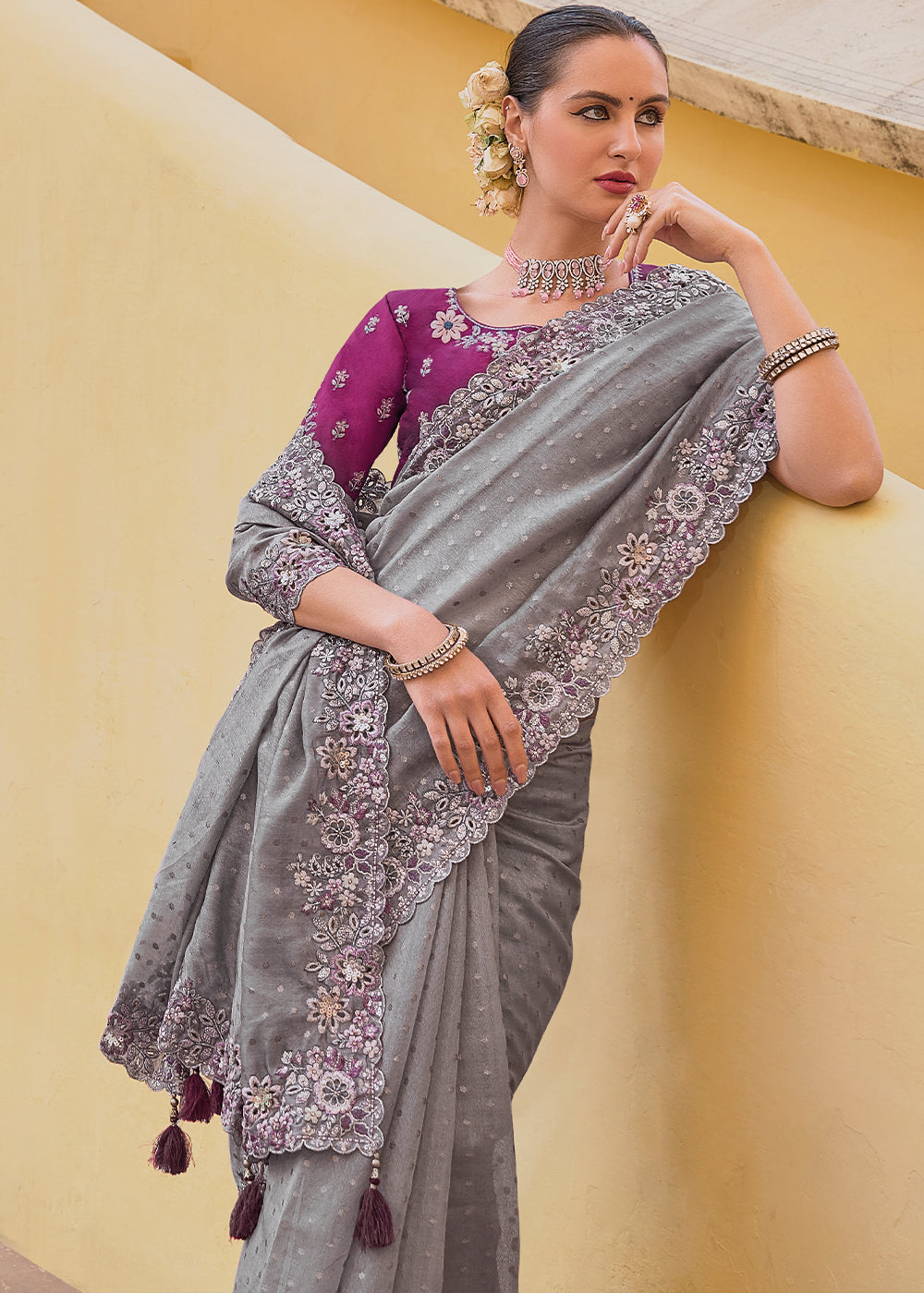 Buy MySilkLove Hurricane Grey Tissue Organza Embroidered Silk Saree Online