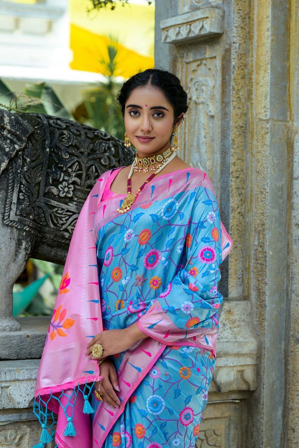 Pacific Blue and Pink Woven Paithani Saree
