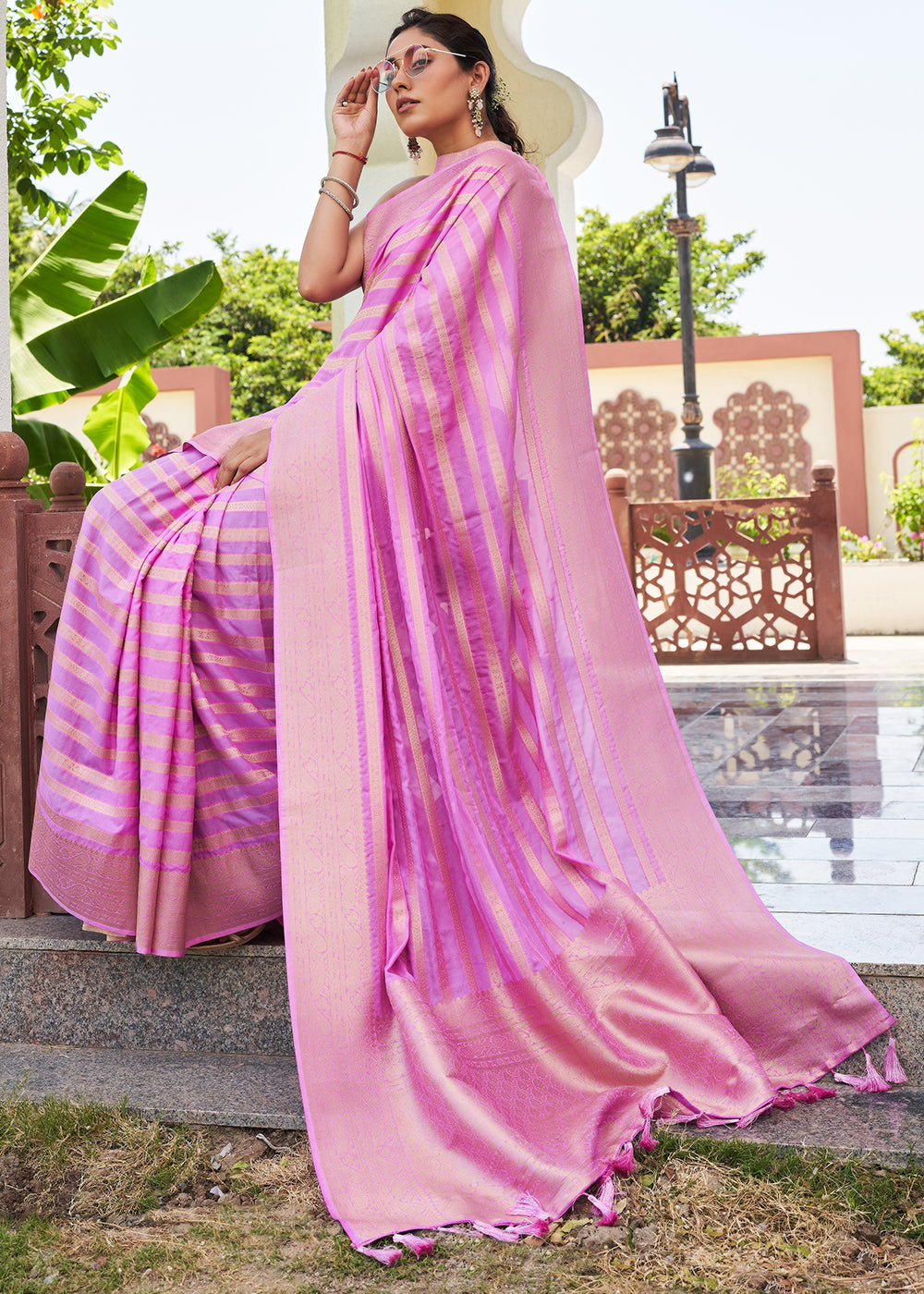 Buy MySilkLove Shocking Pink Woven Lehriya Georgette Saree Online