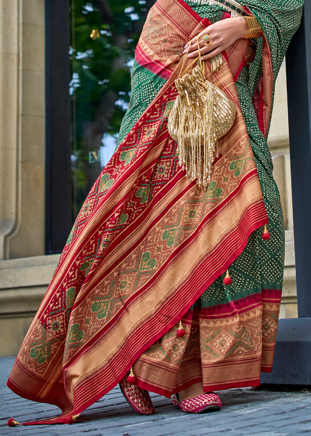 Buy MySilkLove Gable Green and Red Printed Patola Silk Saree Online