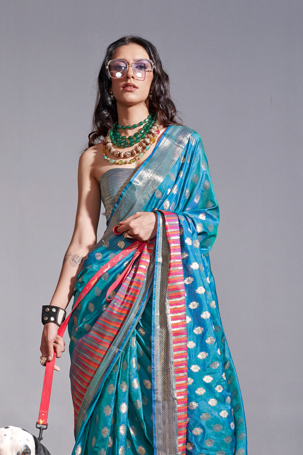 Buy MySilkLove Turquoise Pearl Blue Banarasi Handloom Temple Border Silk Saree Online