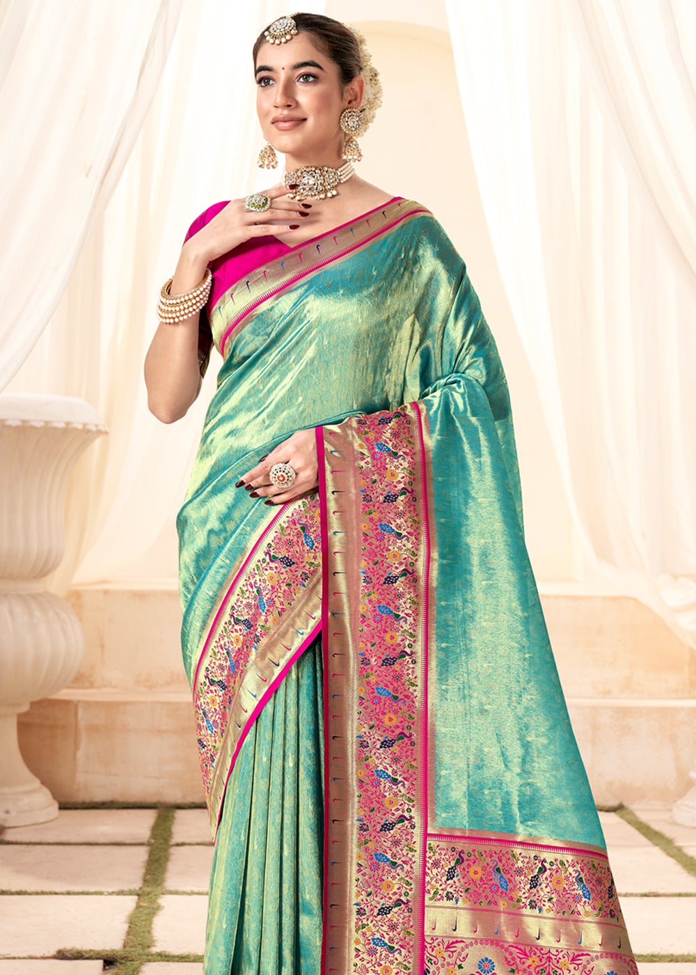 Buy MySilkLove Summer Green Woven Paithani Tissue Silk Saree Online