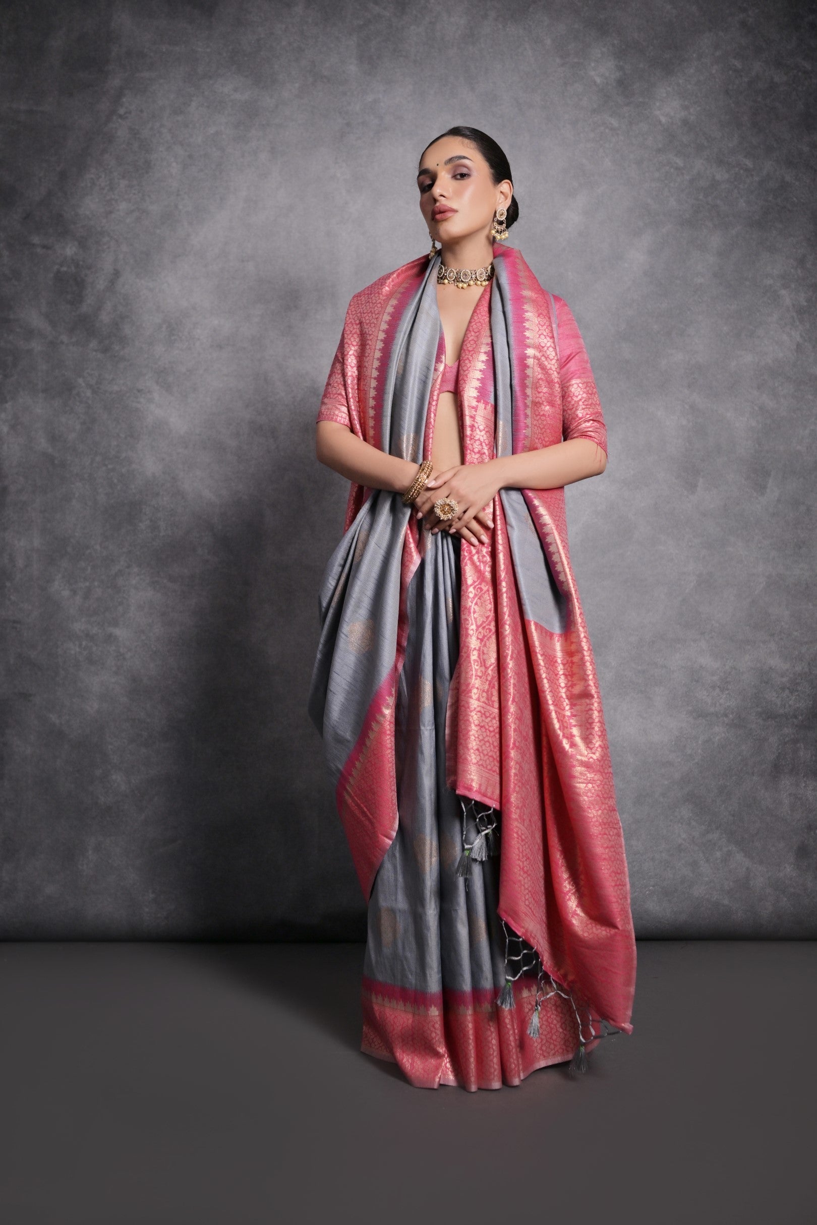 Buy MySilkLove Mountain Mist Grey Tussar Temple Border Silk Saree Online