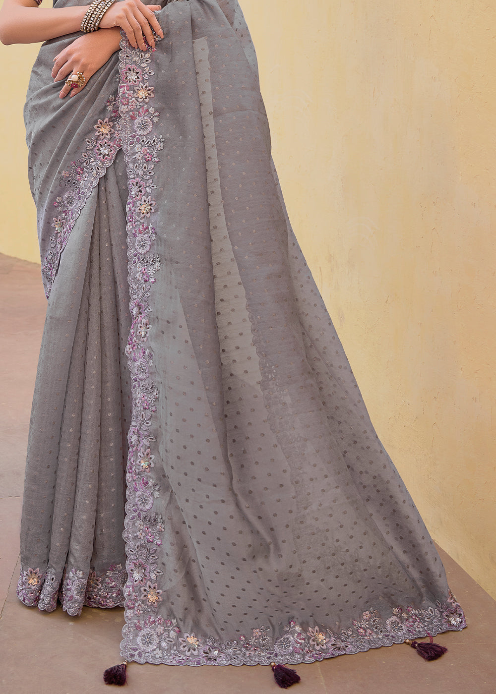 Buy MySilkLove Hurricane Grey Tissue Organza Embroidered Silk Saree Online