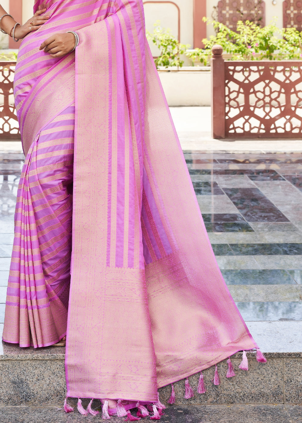 Buy MySilkLove Shocking Pink Woven Lehriya Georgette Saree Online