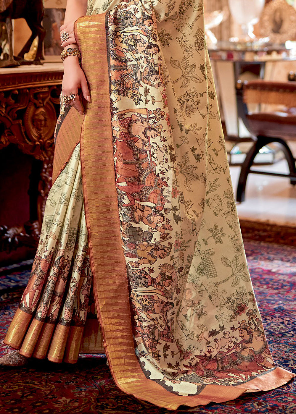 Buy MySilkLove Akaroa Cream and Orange  Manipuri Temple Border Printed Silk Saree Online