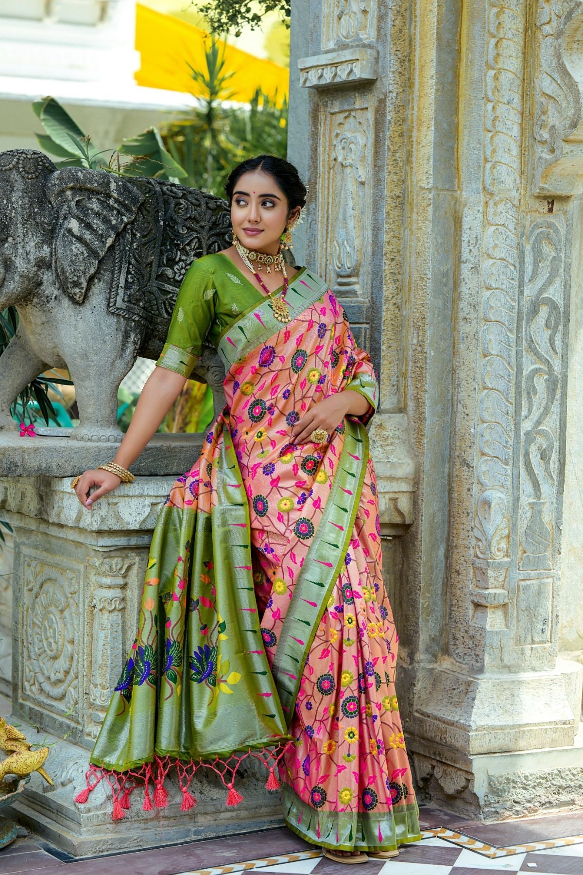 Buy MySilkLove Mulberry Pink and Green Woven Paithani Saree Online