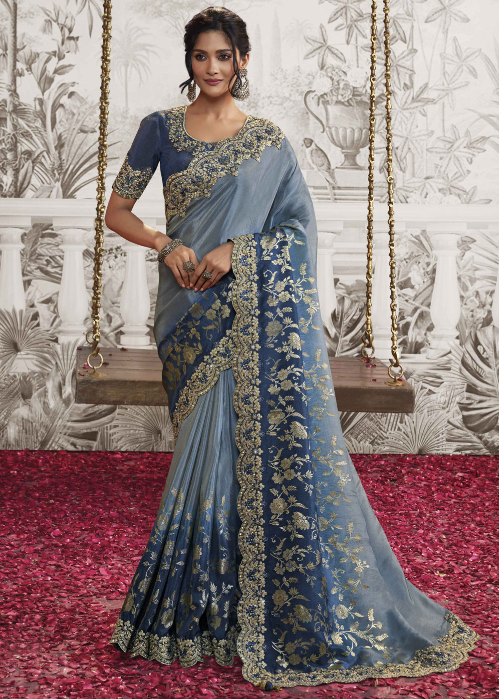 Buy MySilkLove Lapis Blue Embroidered Designer Silk Saree Online