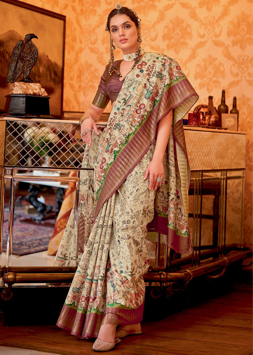 Buy MySilkLove Bone Cream and Brown Manipuri Temple Border Printed Silk Saree Online