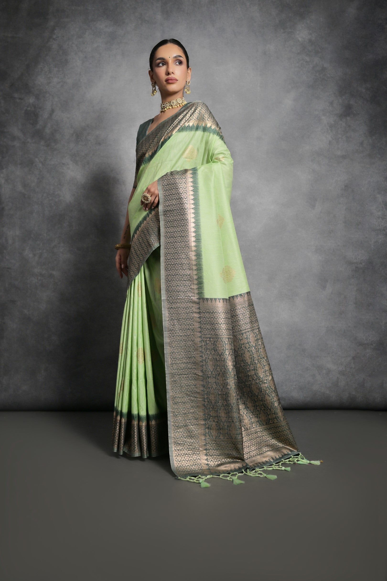 Buy MySilkLove Coriander Green Tussar Temple Border Silk Saree Online