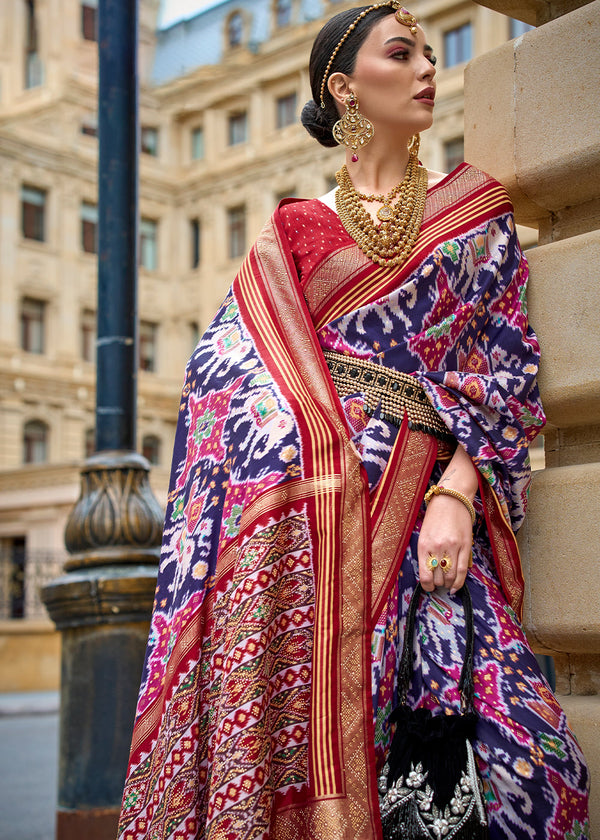 Elegant Blue and Red Printed Patola Silk Saree