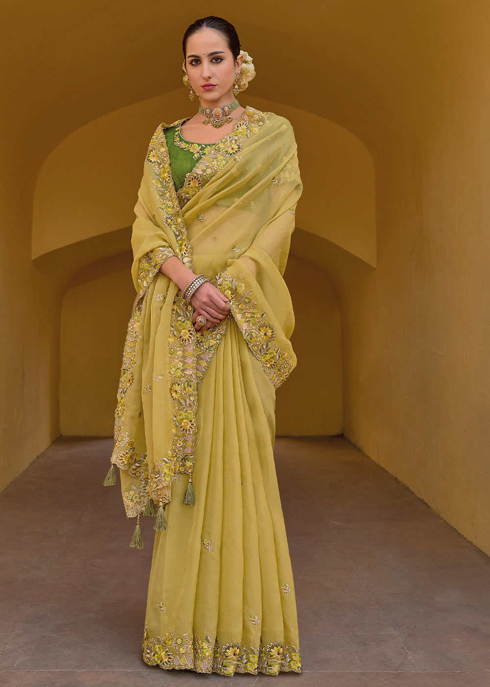 MySilkLove Husk Yellow Tissue Organza Embroidered Silk Saree