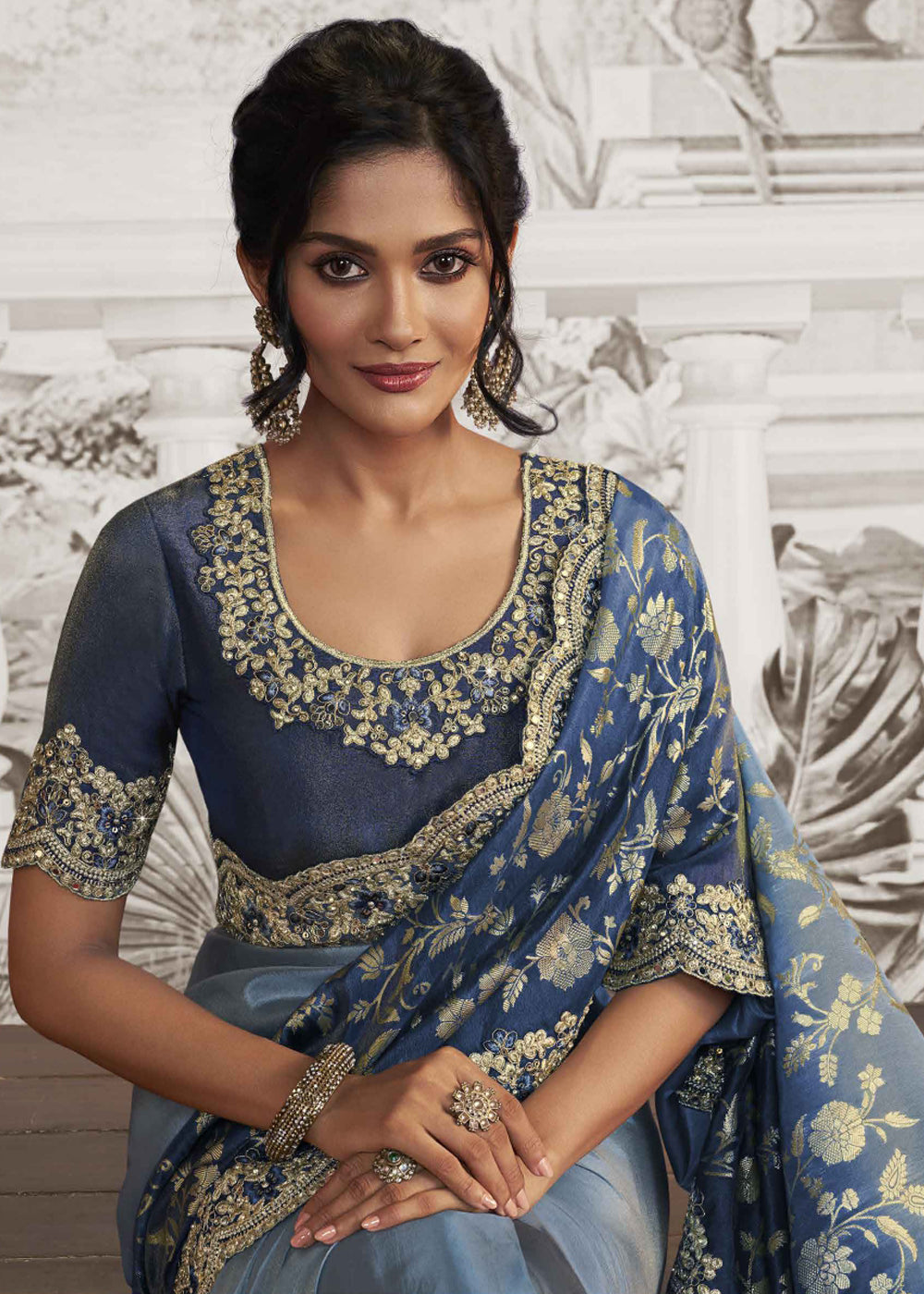 MySilkLove Lapis Blue Embroidered Designer Silk Saree