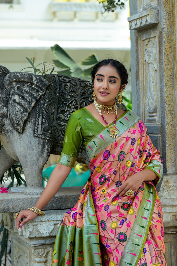 Mulberry Pink and Green Woven Paithani Saree