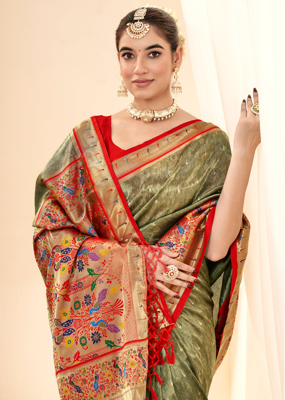 Buy MySilkLove Limed Oak Green Woven Paithani Tissue Silk Saree Online