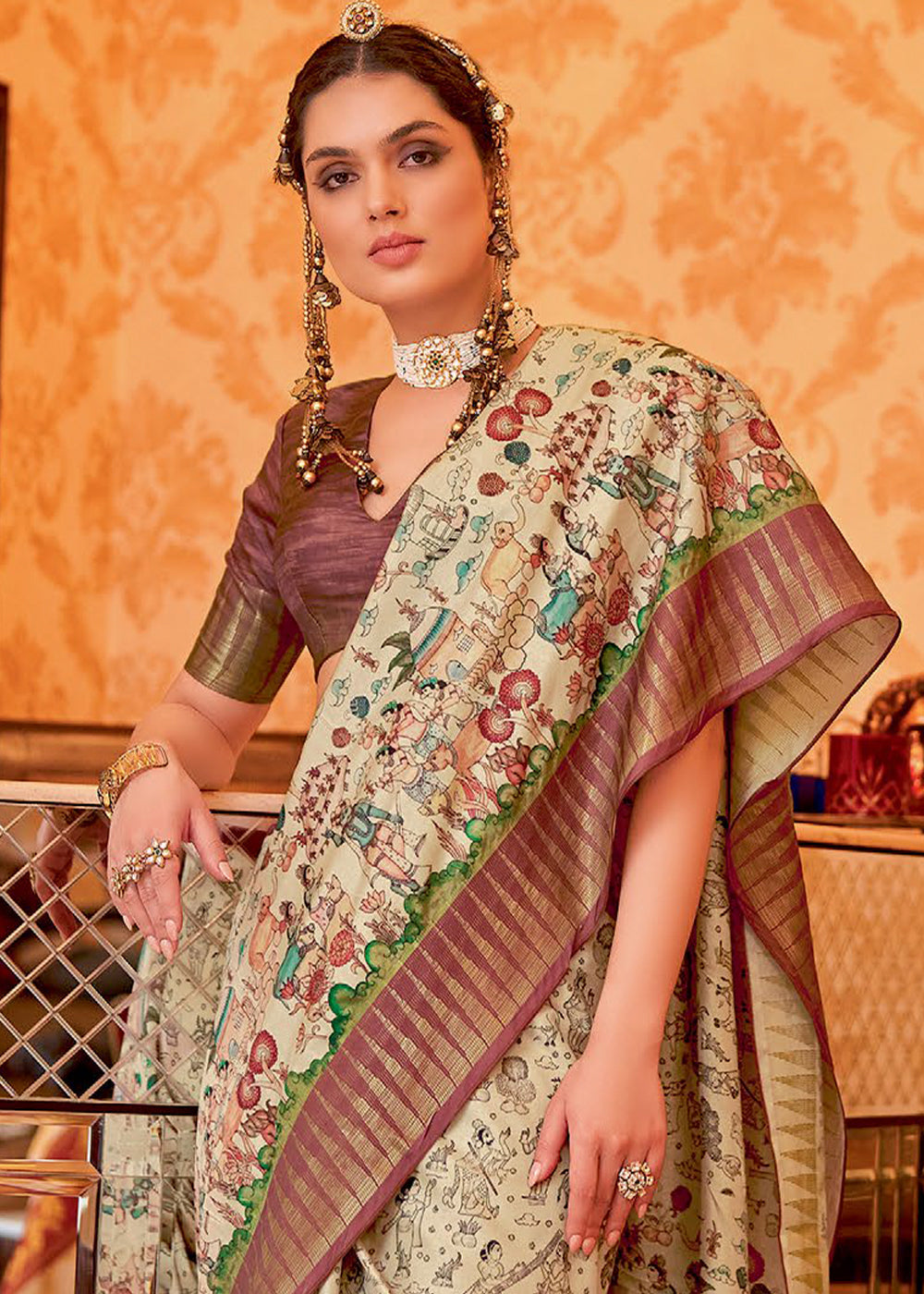 Buy MySilkLove Bone Cream and Brown Manipuri Temple Border Printed Silk Saree Online