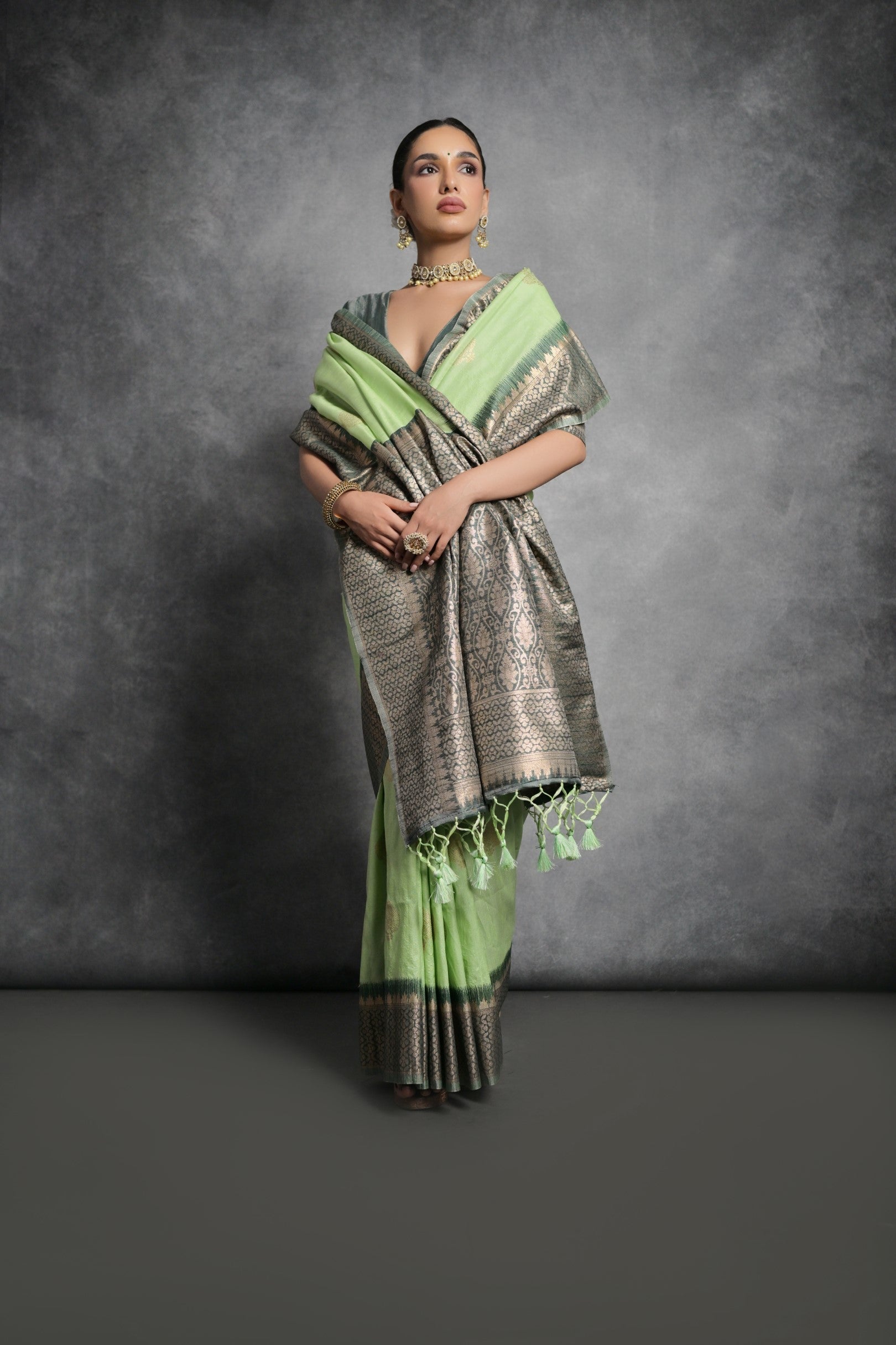 Buy MySilkLove Coriander Green Tussar Temple Border Silk Saree Online