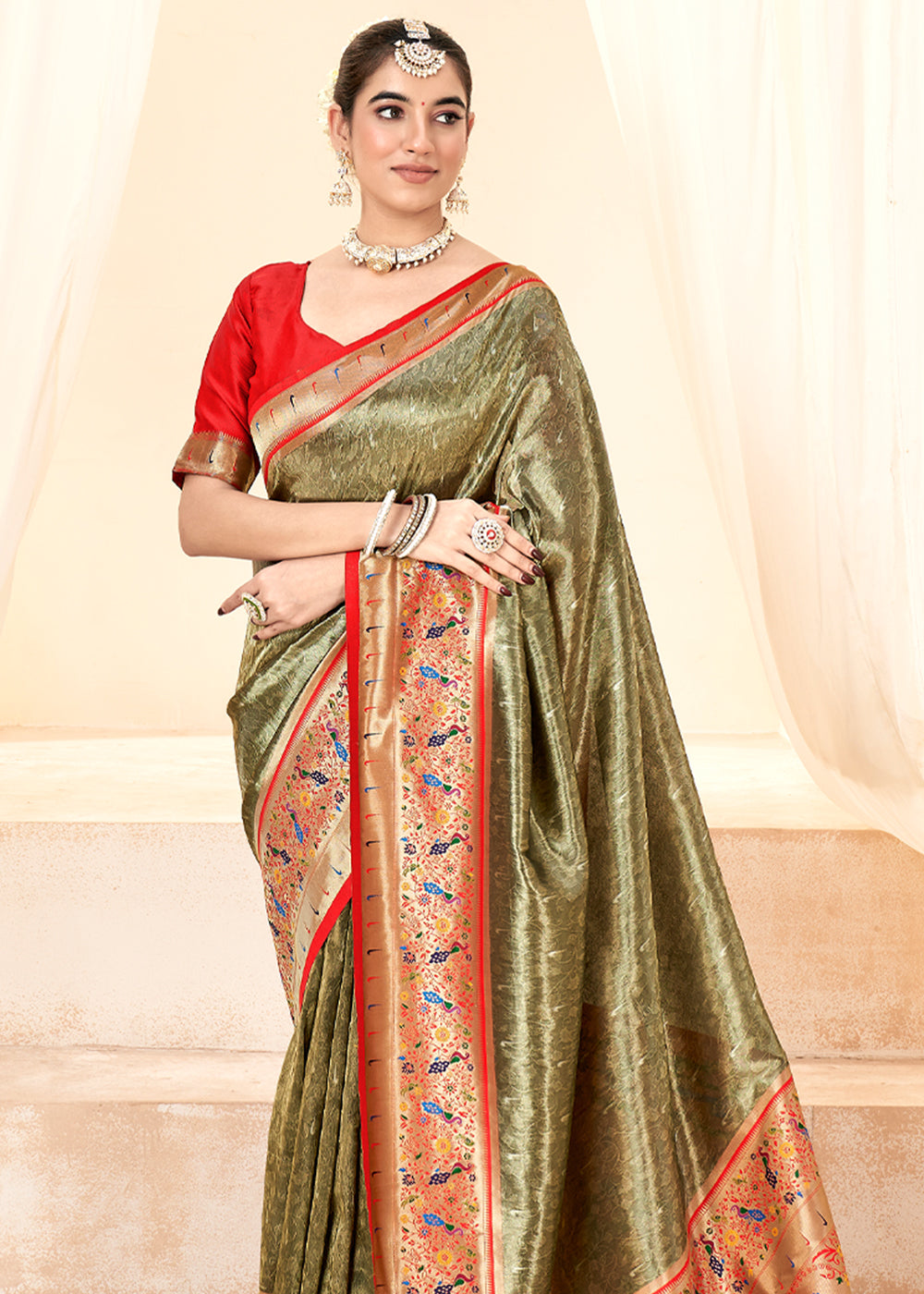 Buy MySilkLove Limed Oak Green Woven Paithani Tissue Silk Saree Online