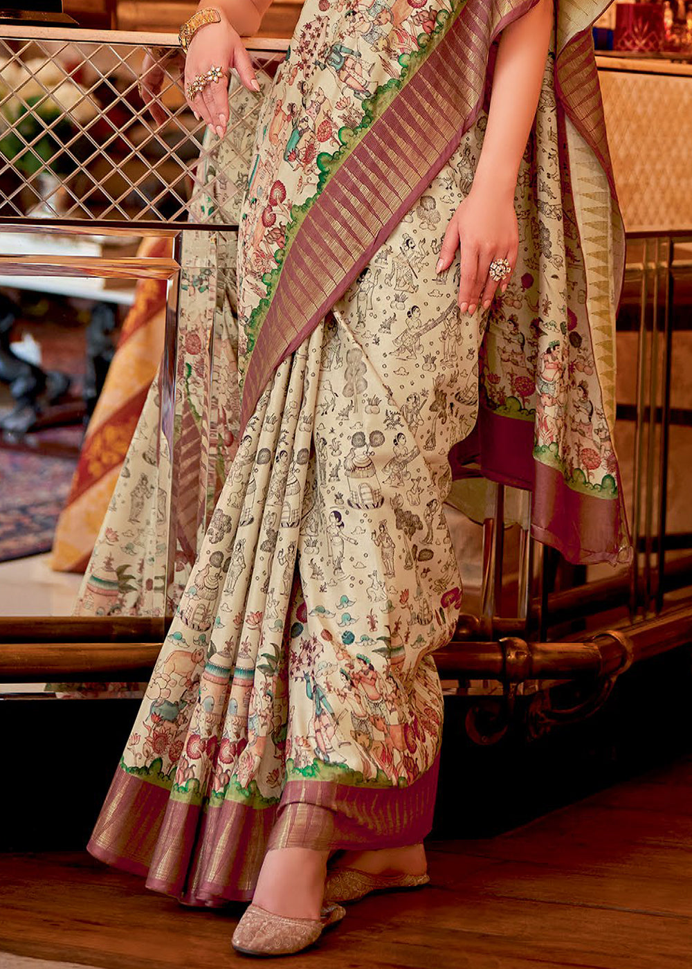 Buy MySilkLove Bone Cream and Brown Manipuri Temple Border Printed Silk Saree Online