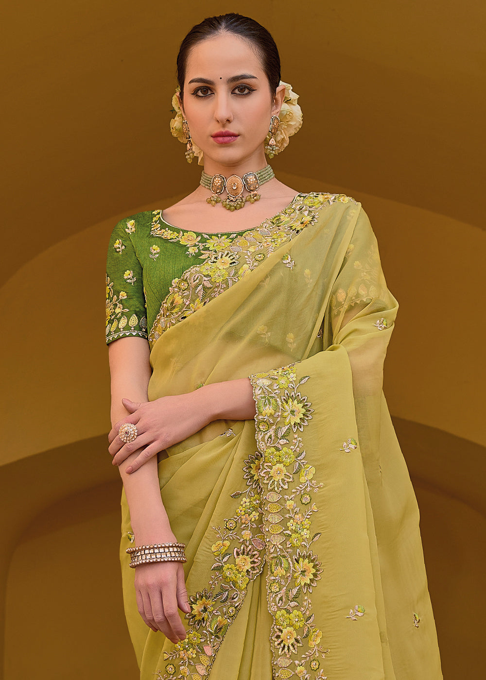 Buy MySilkLove Husk Yellow Tissue Organza Embroidered Silk Saree Online