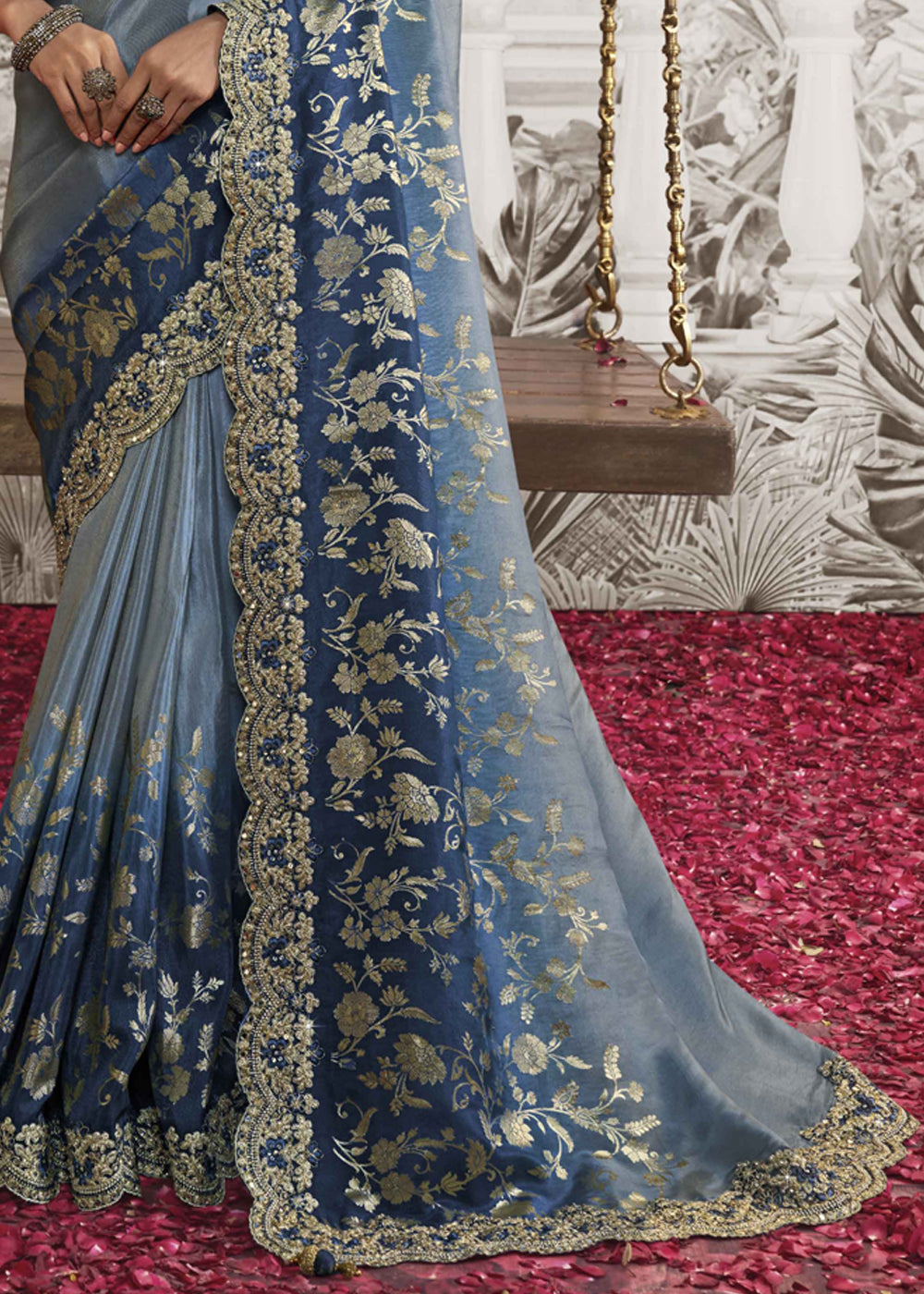 Buy MySilkLove Lapis Blue Embroidered Designer Silk Saree Online
