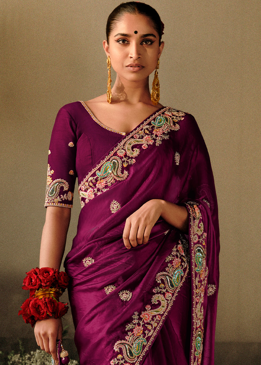 Buy MySilkLove Claret Purple Embroidery Designer Banarasi Dola Silk Saree Online