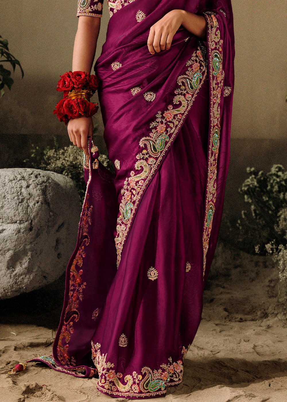 Buy MySilkLove Claret Purple Embroidery Designer Banarasi Dola Silk Saree Online