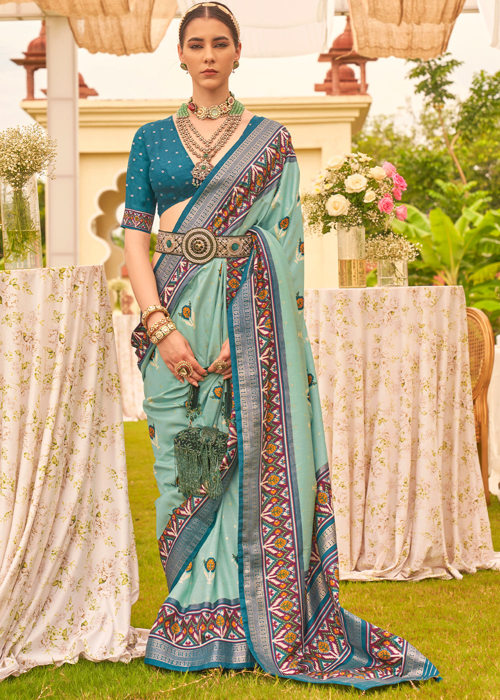 Buy MySilkLove Envy Blue Printed Patola Designer Silk Saree Online