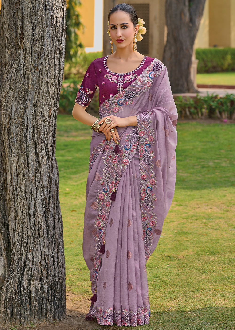 Buy MySilkLove Falcon Purple Tissue Organza Embroidered Silk Saree Online