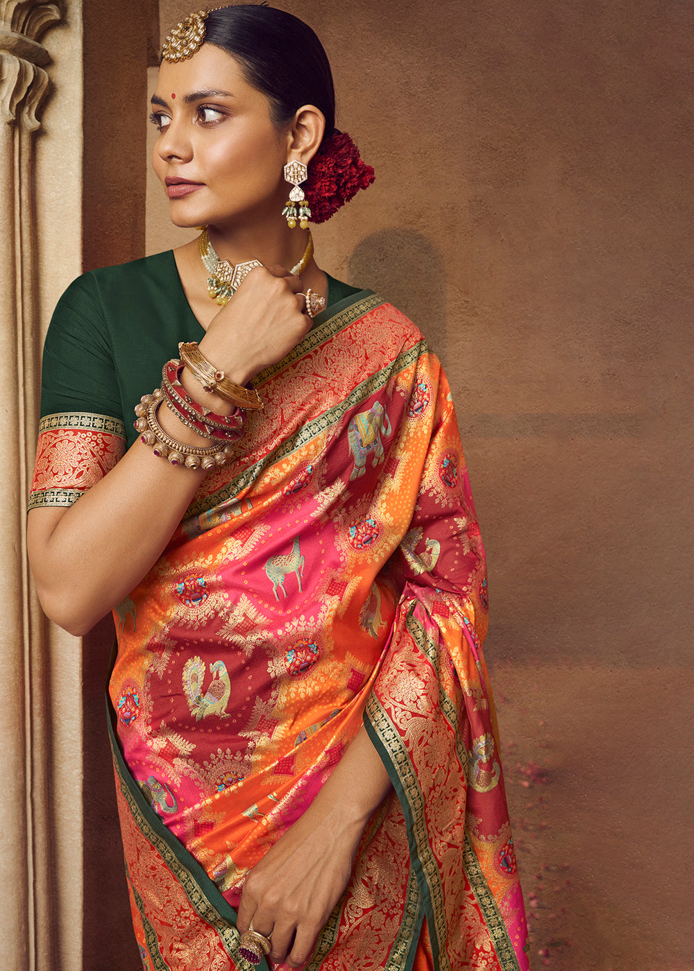Buy MySilkLove Multicolor Orange Woven Banarasi Silk Saree Online