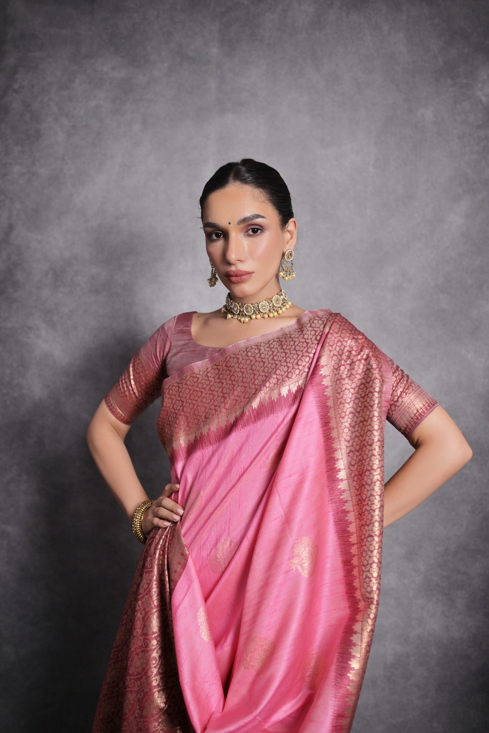 Buy MySilkLove Shocking Pink Tussar Temple Border Silk Saree Online