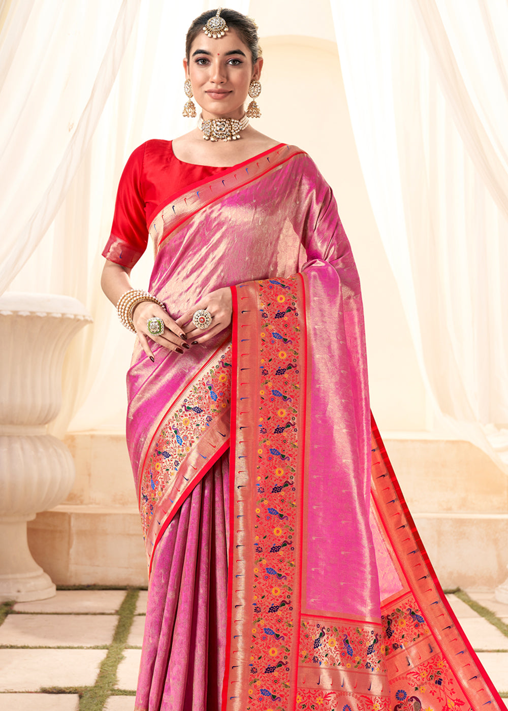 Buy MySilkLove Chestnut Rose Pink Woven Paithani Tissue Silk Saree Online