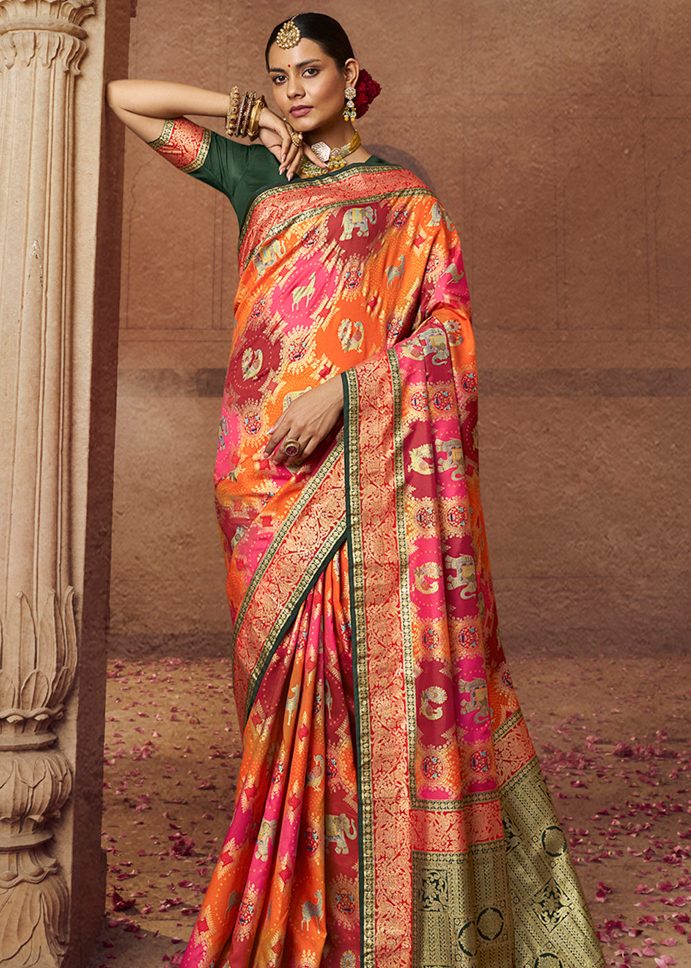 Buy MySilkLove Multicolor Orange Woven Banarasi Silk Saree Online