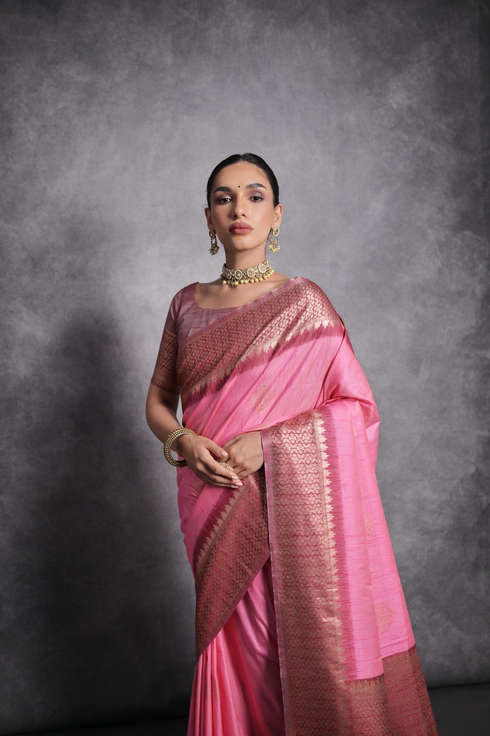 Buy MySilkLove Shocking Pink Tussar Temple Border Silk Saree Online