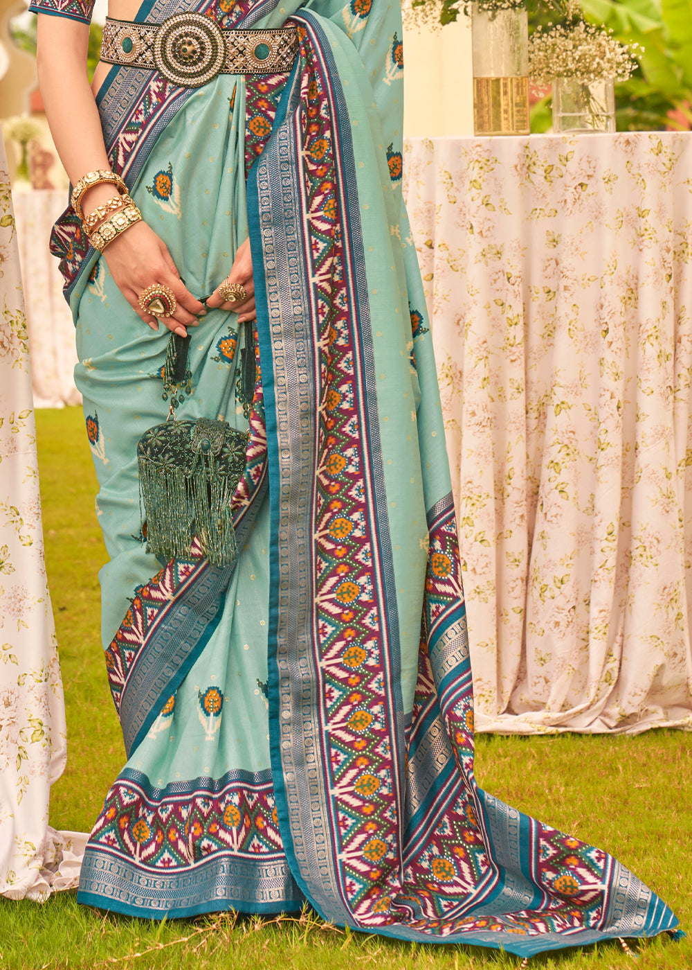 Buy MySilkLove Envy Blue Printed Patola Designer Silk Saree Online