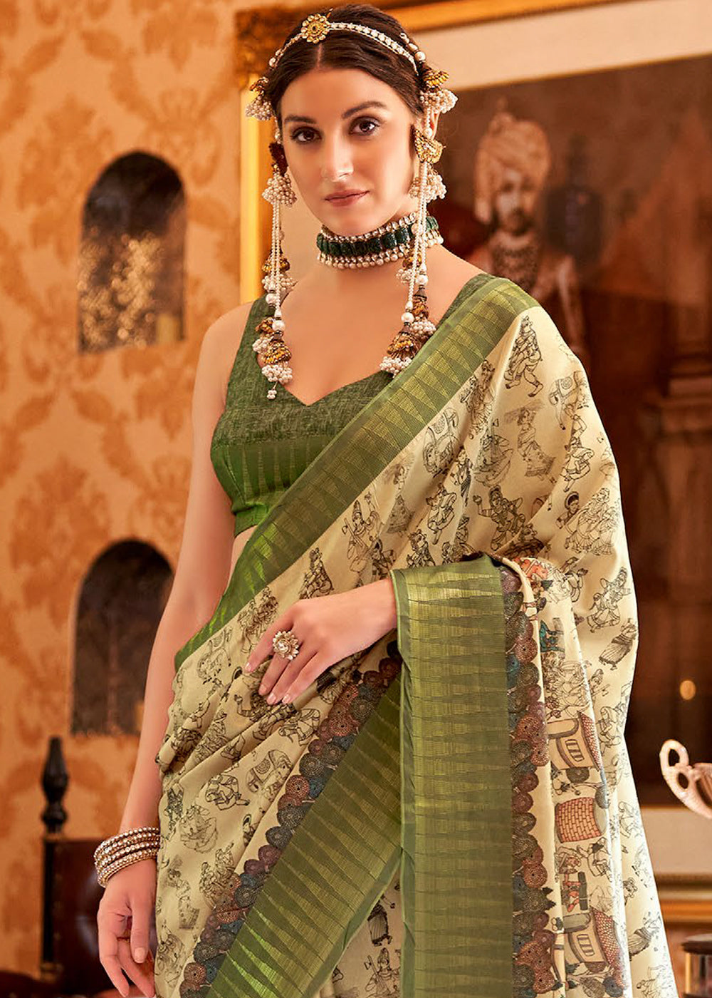 Buy MySilkLove Ivory Cream and Green Manipuri Temple Border Printed Silk Saree Online