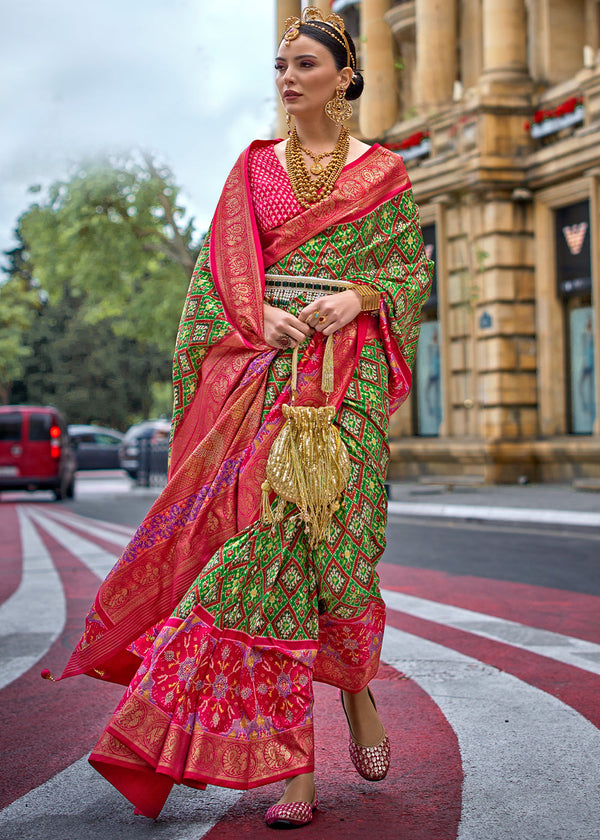 Dynasty Green and Red Printed Patola Silk Saree