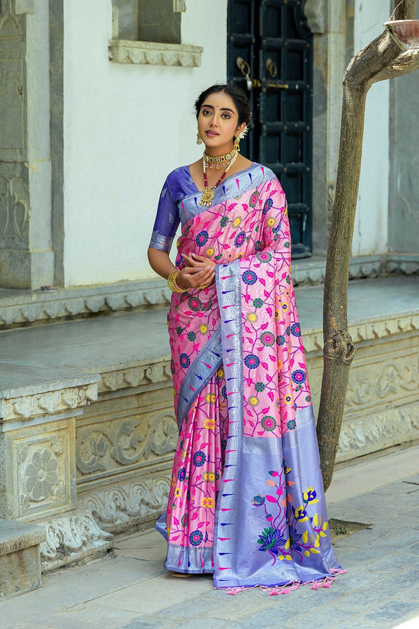 Lotus Pink and Blue Woven Paithani Saree