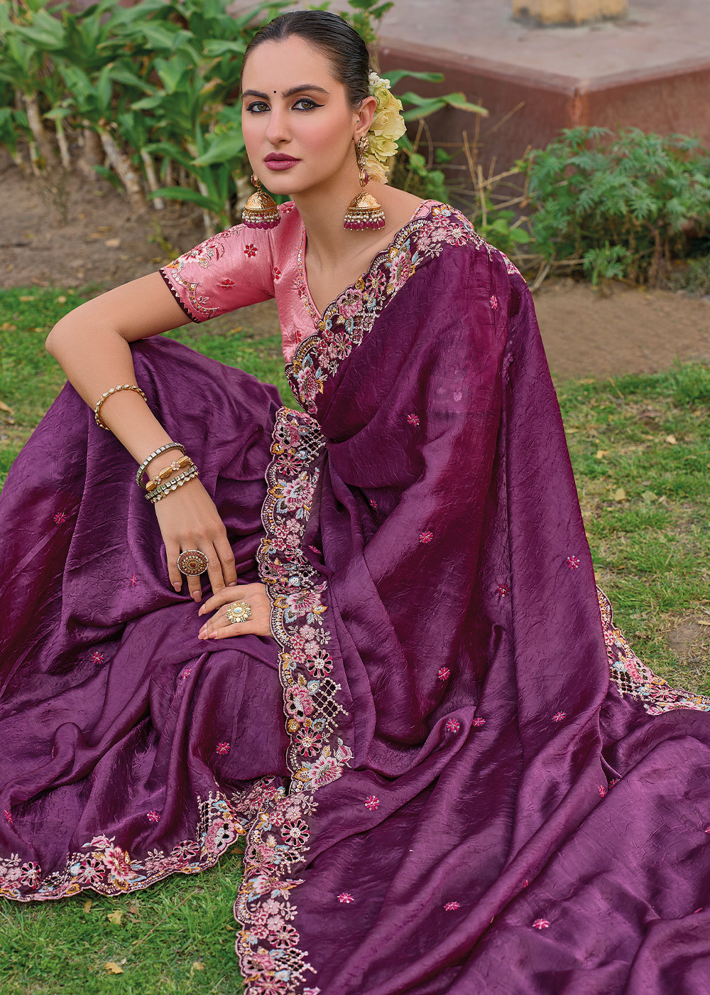 Buy MySilkLove Cosmic Purple Tissue Organza Embroidered Silk Saree Online