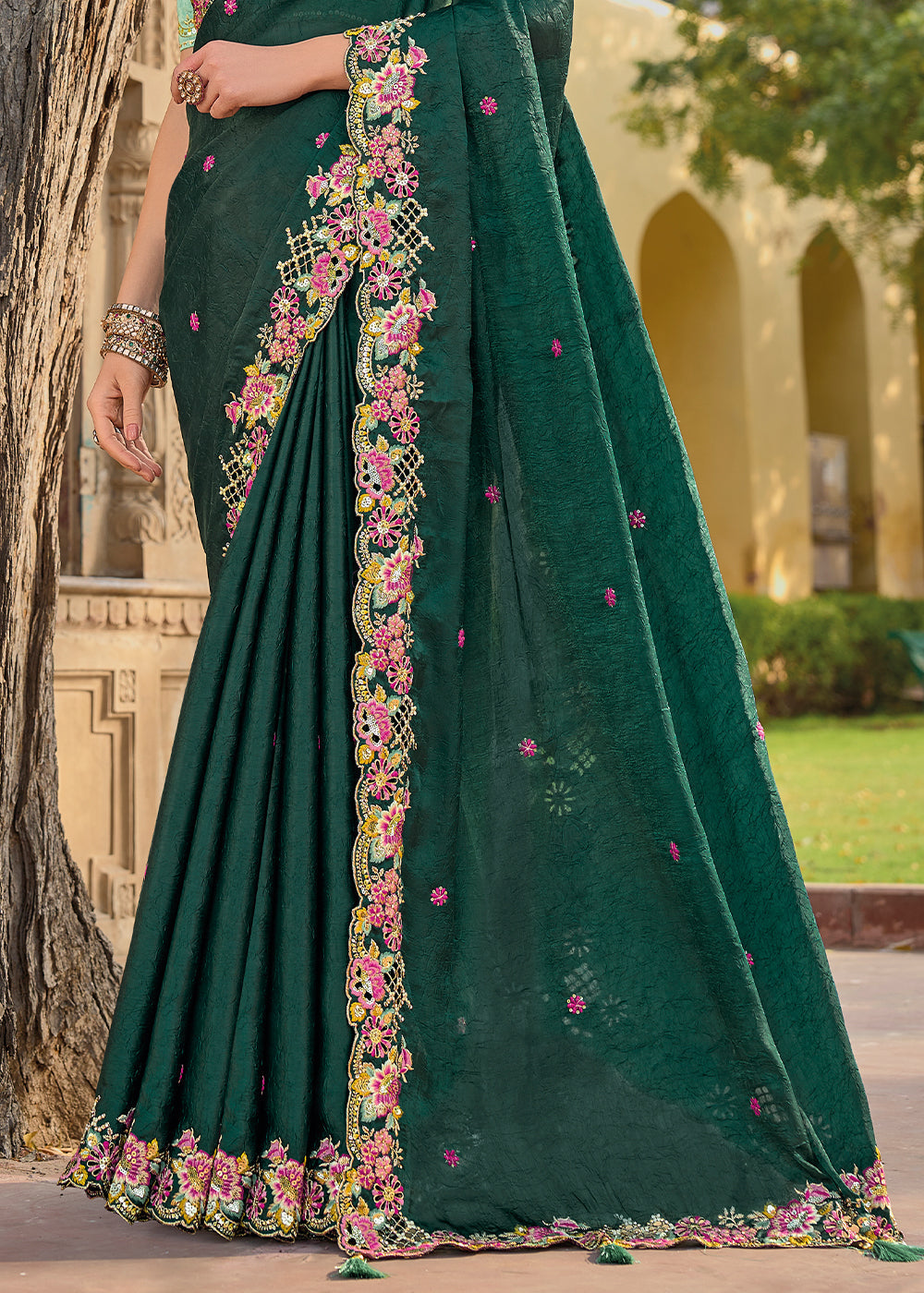 Buy MySilkLove Bottle Green Tissue Organza Embroidered Silk Saree Online