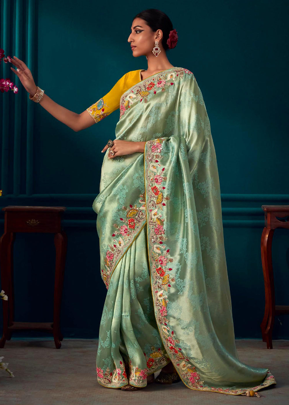 Buy MySilkLove Schist Green Woven Embroidered Banarasi Silk Saree Online