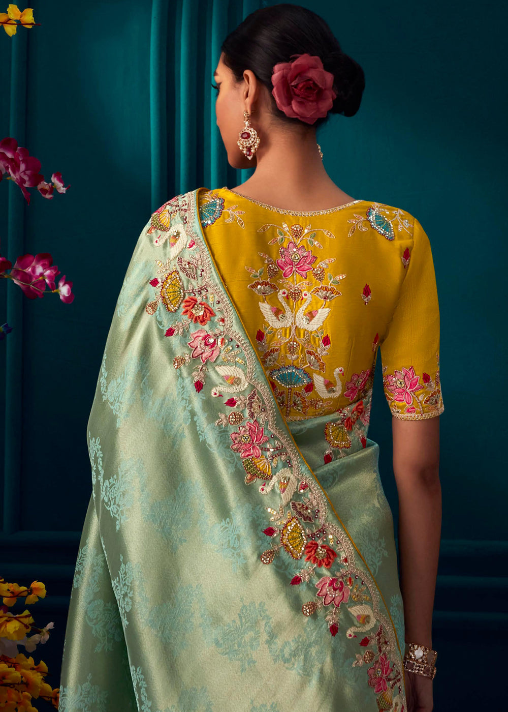 MySilkLove Schist Green Woven Embroidered Banarasi Silk Saree