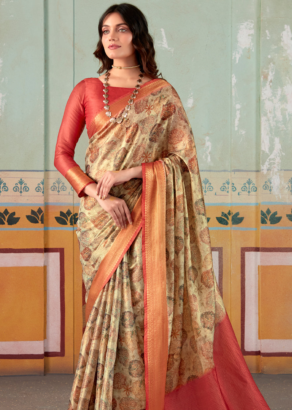 Buy MySilkLove Mongoose Brown and Red Banarasi Tissue Silk Saree Online