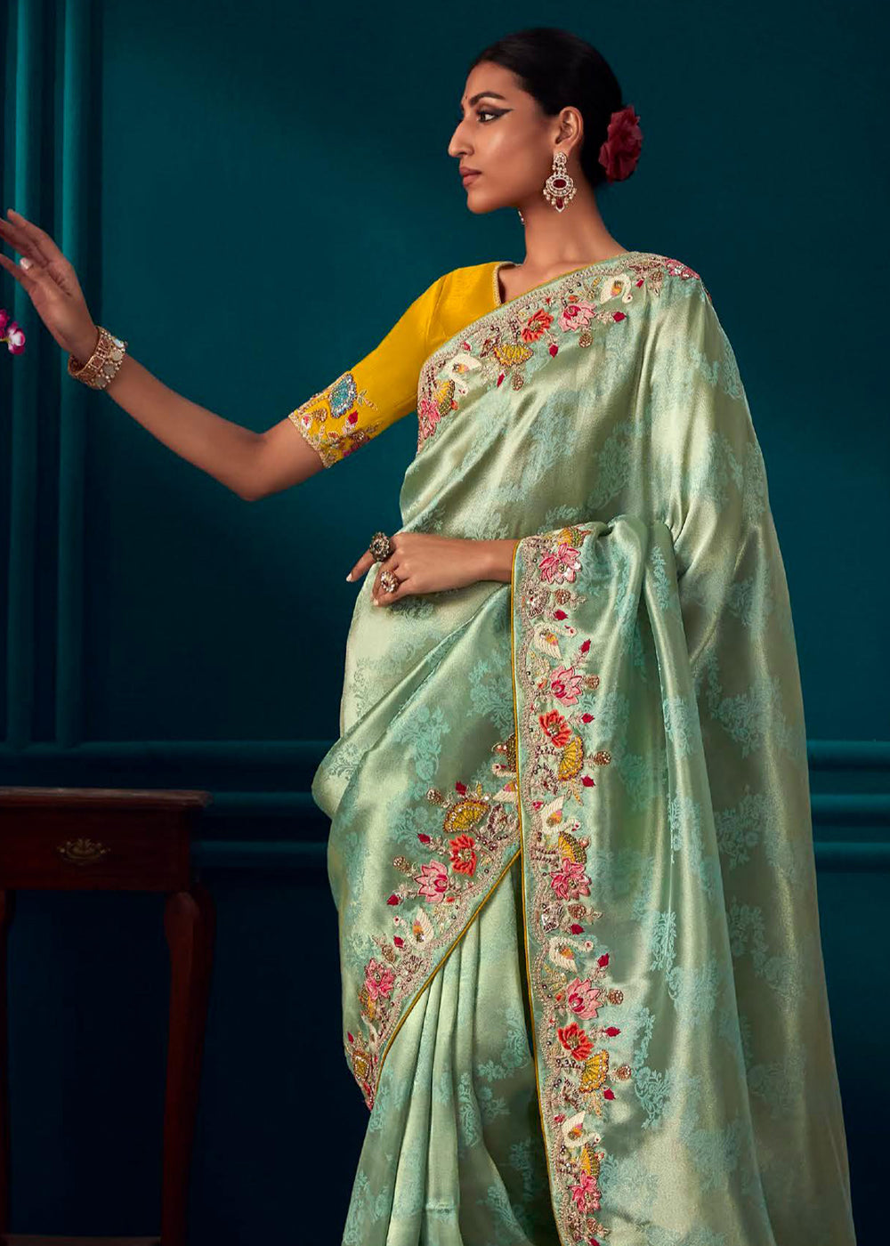 Buy MySilkLove Schist Green Woven Embroidered Banarasi Silk Saree Online