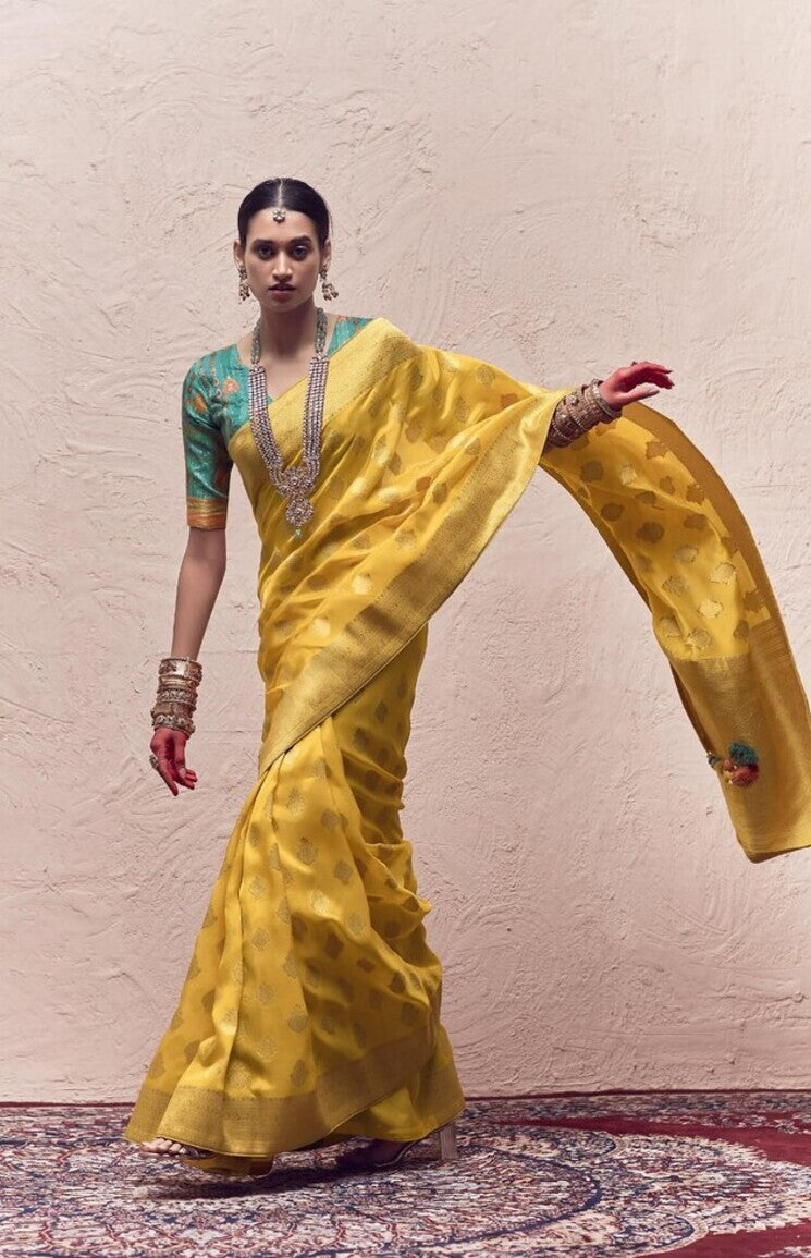 Buy MySilkLove Orche Yellow Designer Banarasi Handloom Silk Saree Online