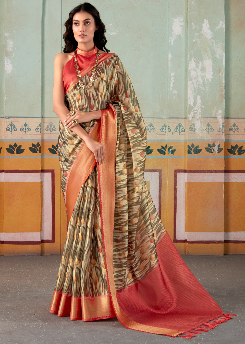 Buy MySilkLove Sandal Brown and Red Banarasi Tissue Silk Saree Online