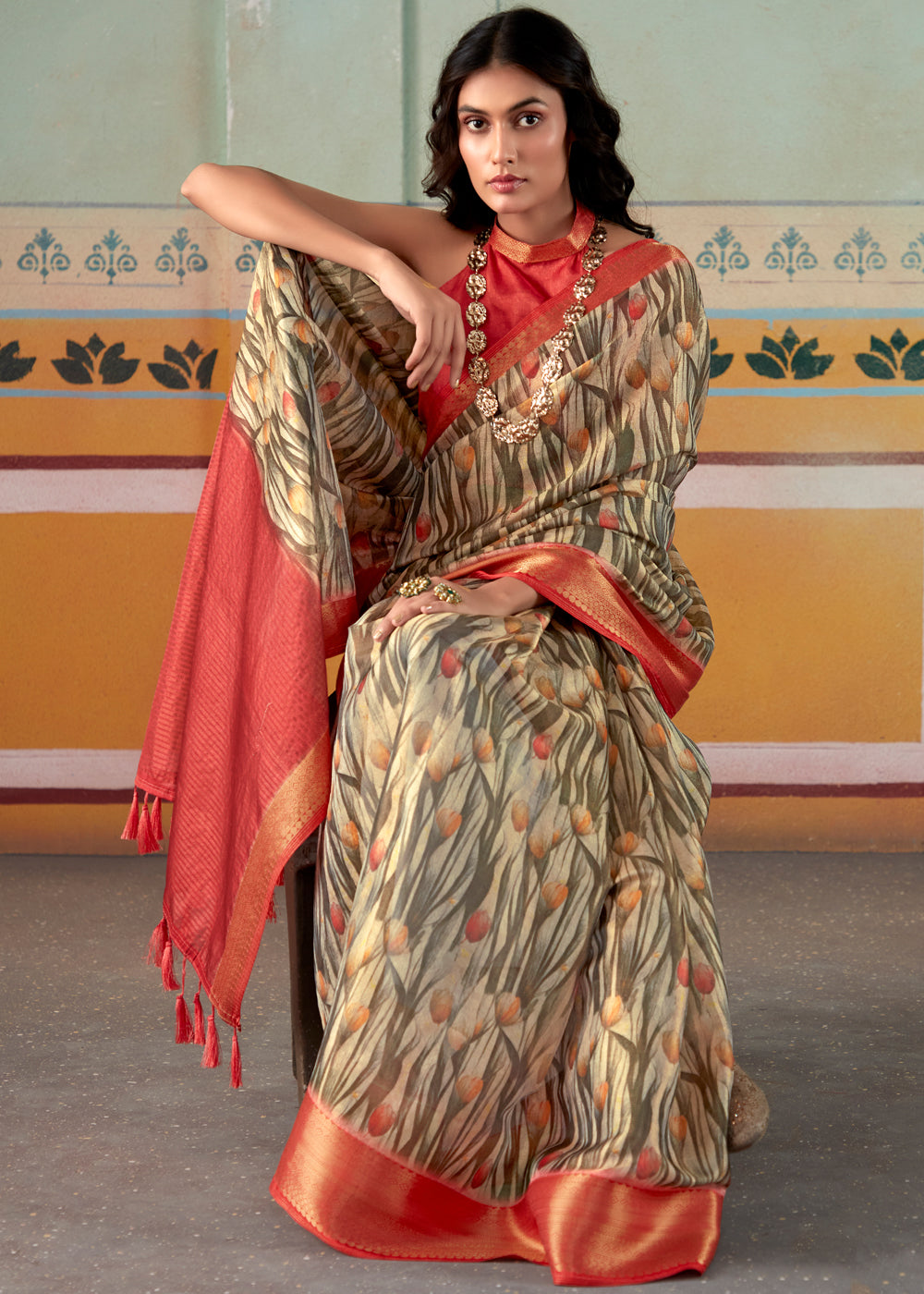 Buy MySilkLove Sandal Brown and Red Banarasi Tissue Silk Saree Online