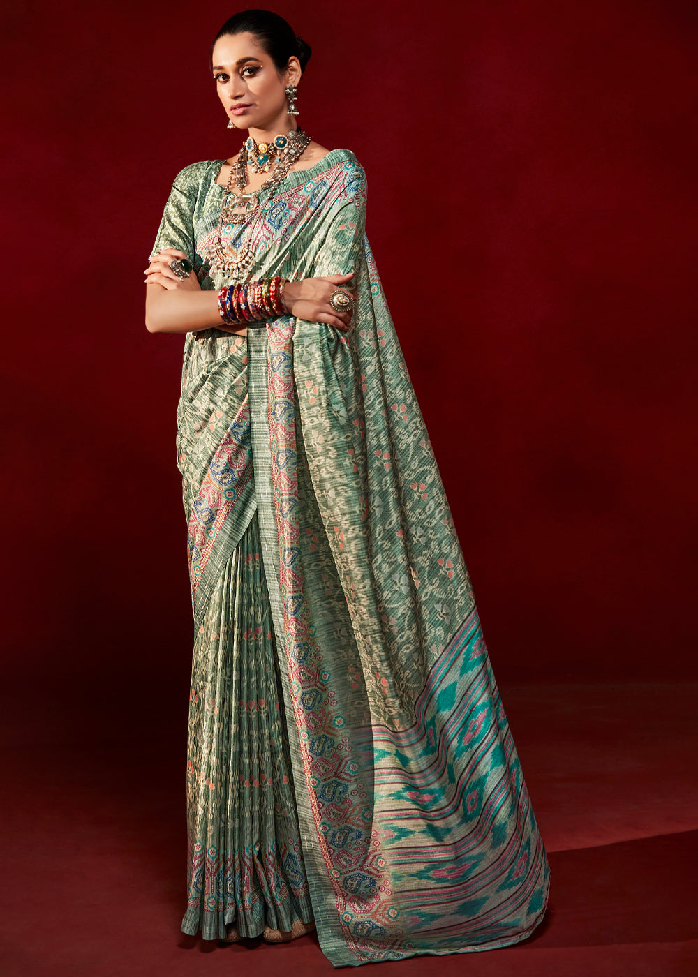 Buy MySilkLove Heathered Green Woven Tussar Silk Saree Online